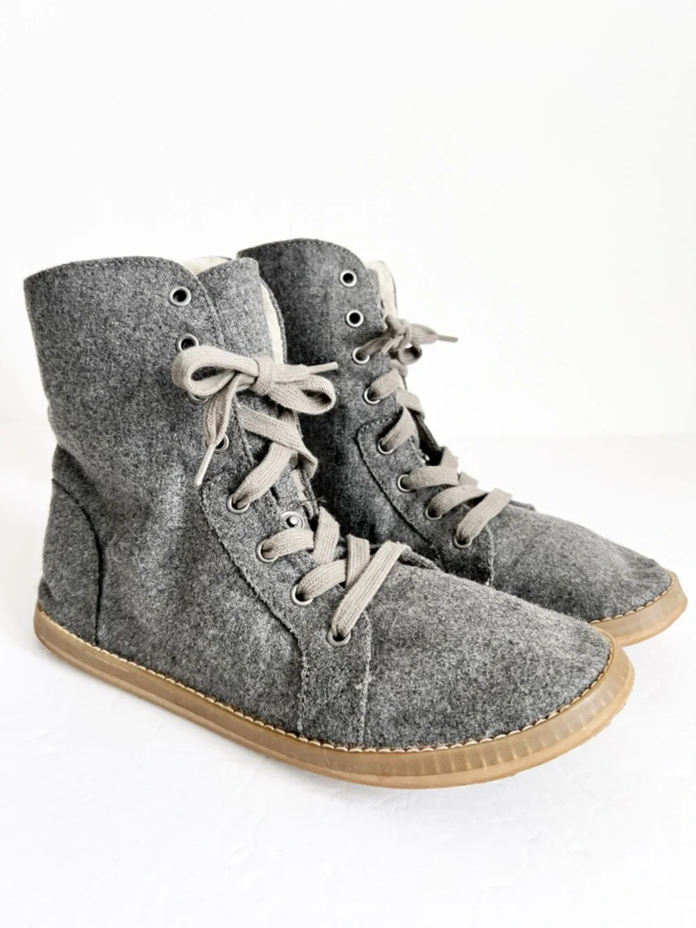 SZ 8 Gray Felt Lace-Up High-Top Boots Wool Lining